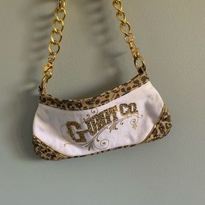 Leopard White G-Unit small shoulder bag with gold straps, and gold rhinestones